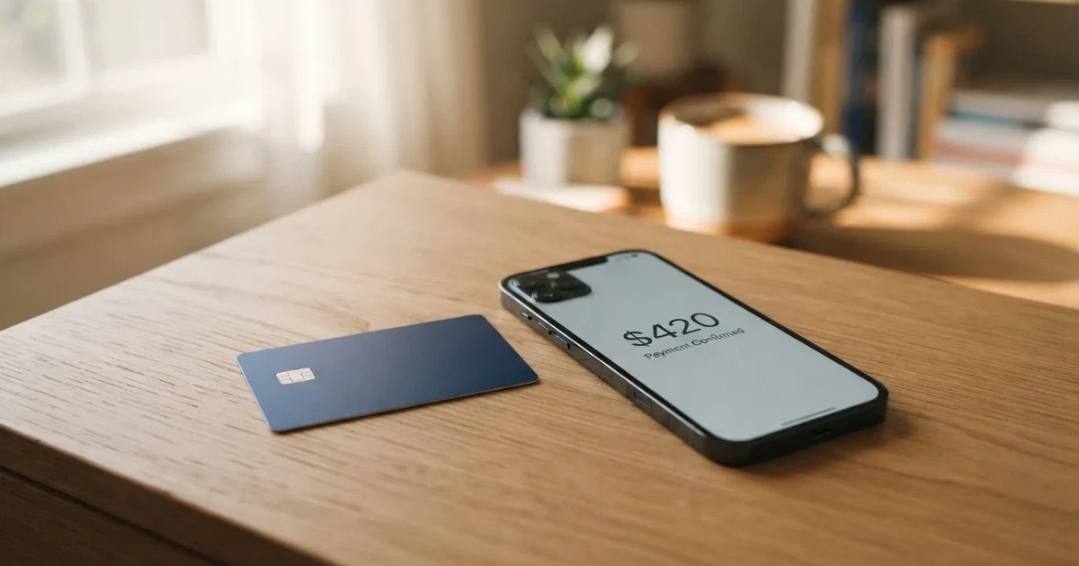 A payment card next to a phone with a crypto wallet app open