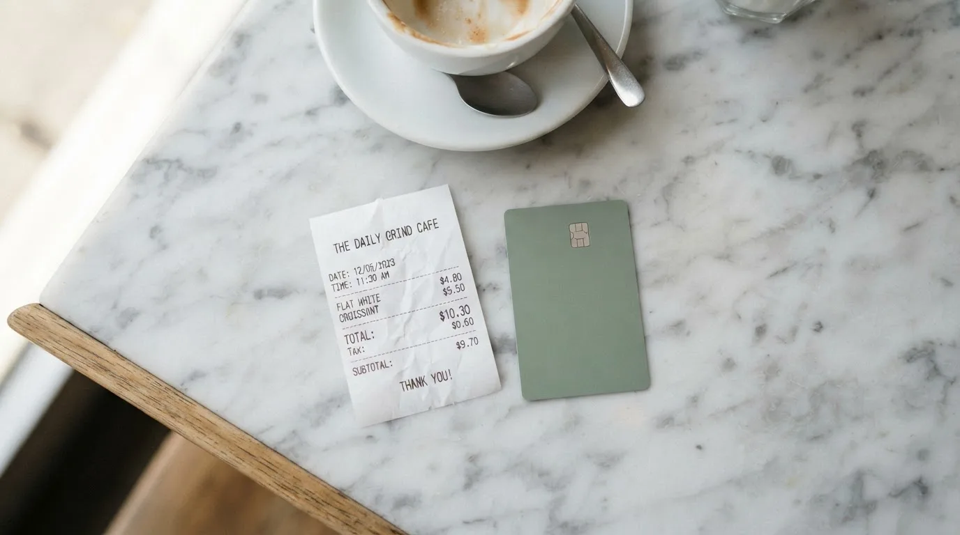A receipt and a card on a café table