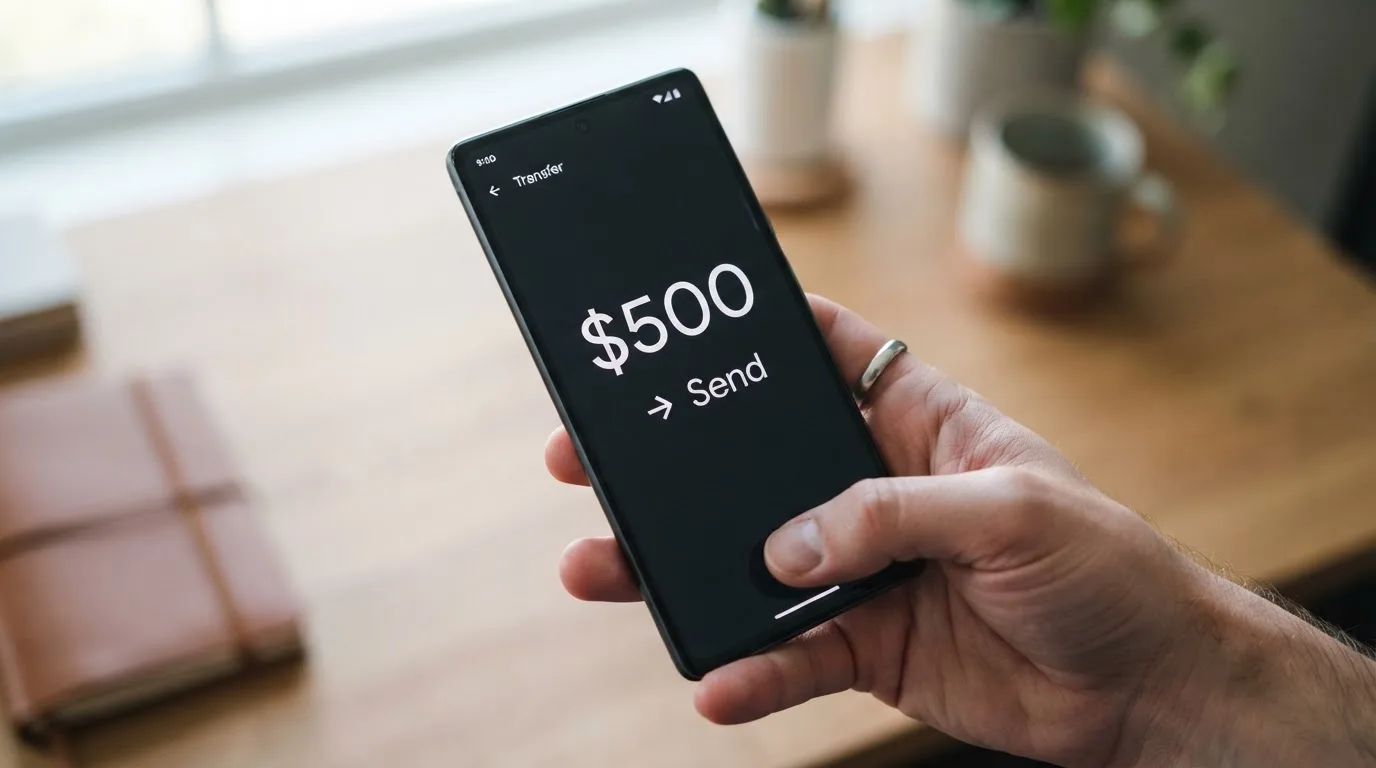 A phone showing a stablecoin transfer screen