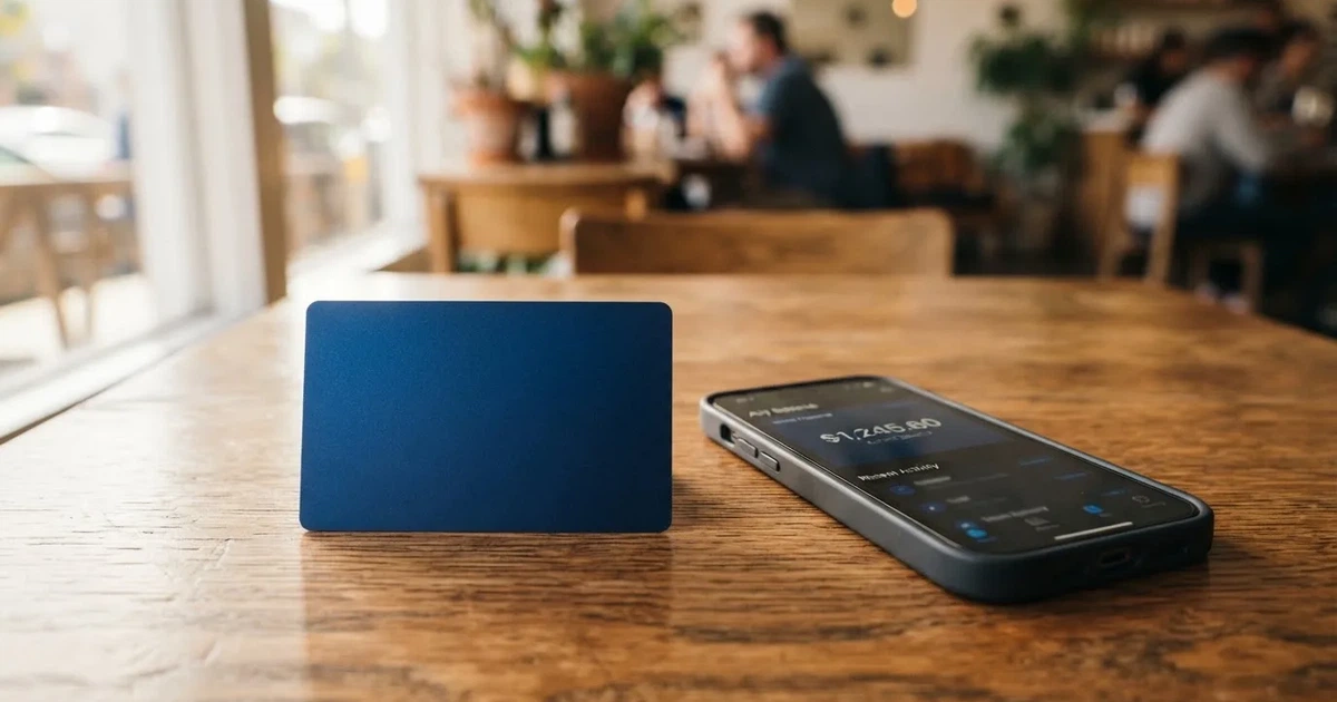 A payment card next to a phone with a crypto wallet app open