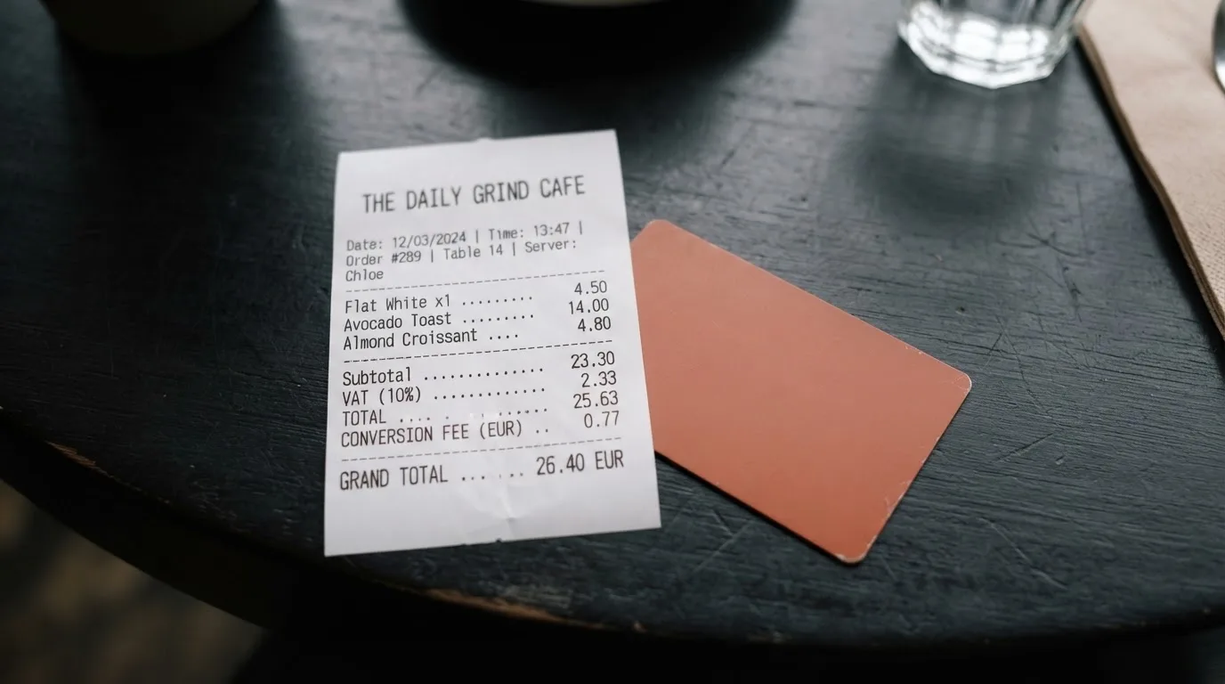 A receipt and a card on a café table