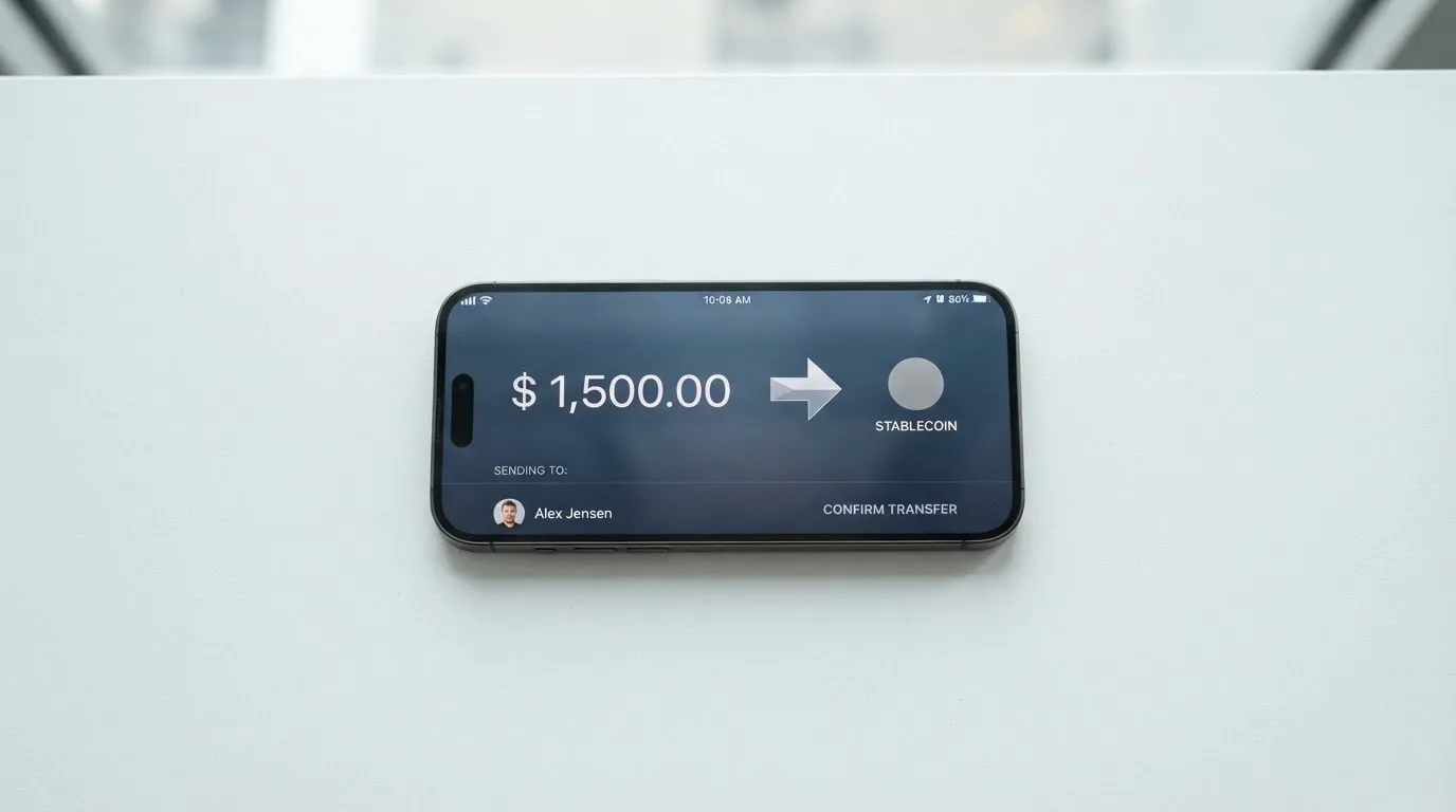A phone showing a stablecoin transfer screen