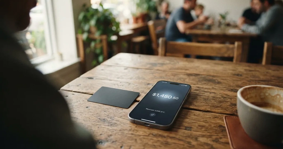 A payment card next to a phone with a crypto wallet app open
