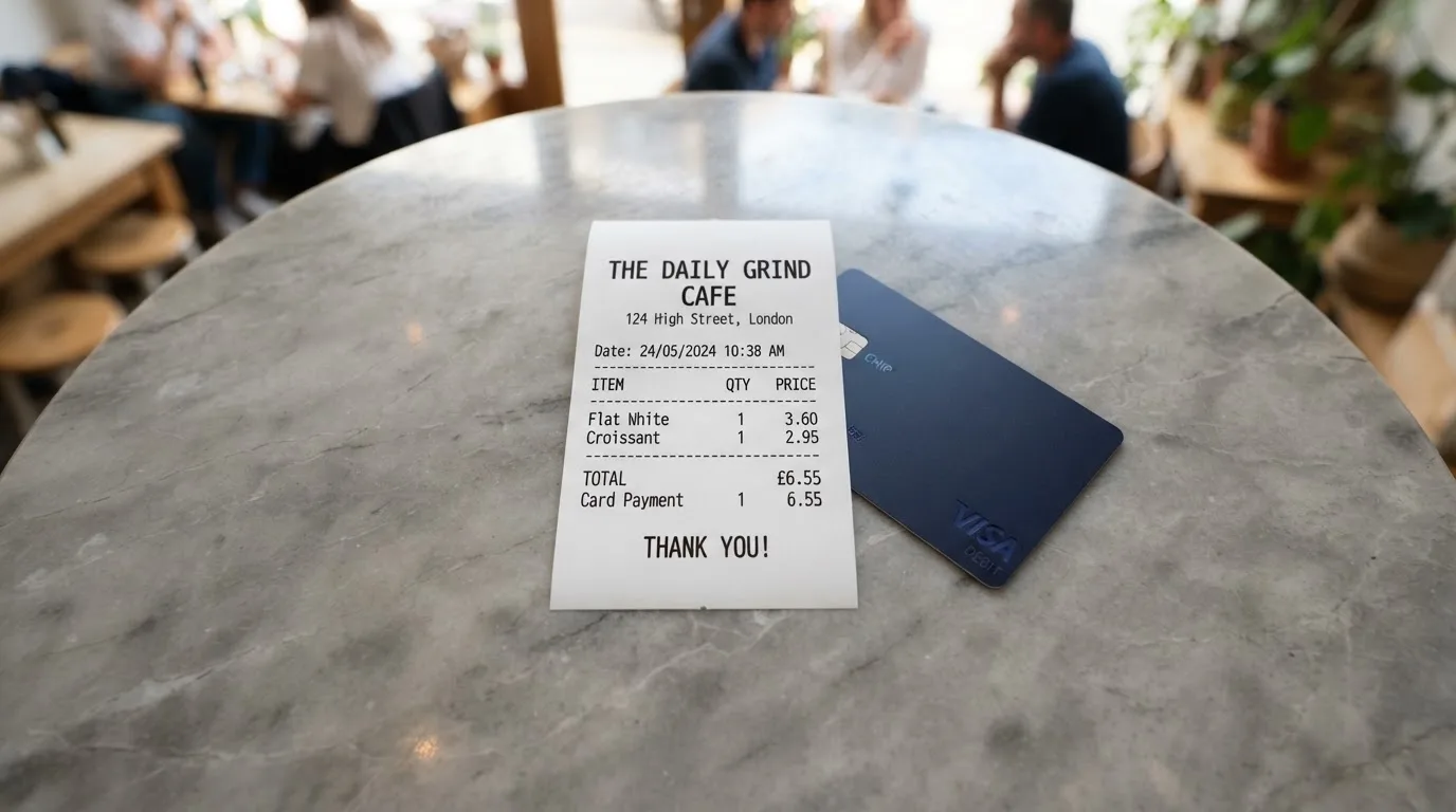 A receipt and a card on a café table