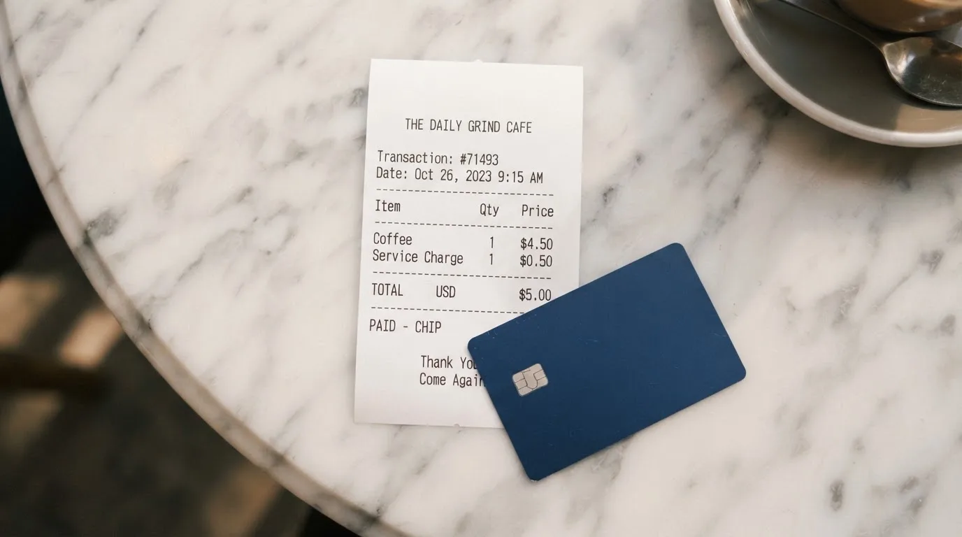 A receipt and a card on a café table