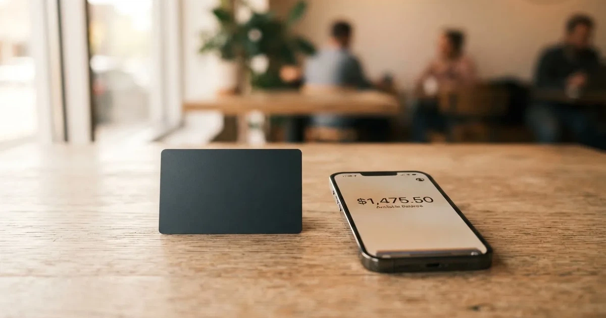 A payment card next to a phone with a crypto wallet app open