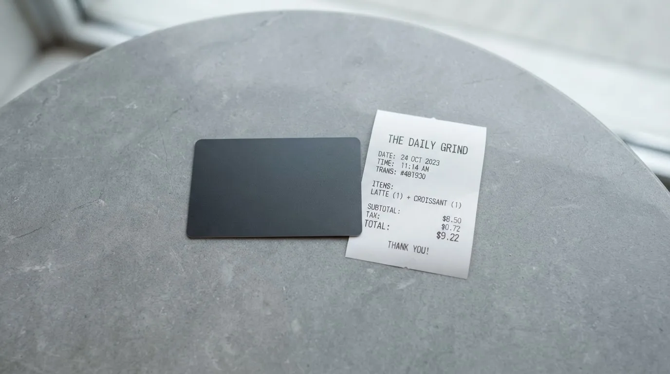 A receipt and a card on a café table