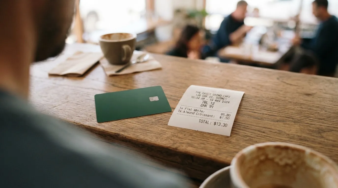 A receipt and a card on a café table