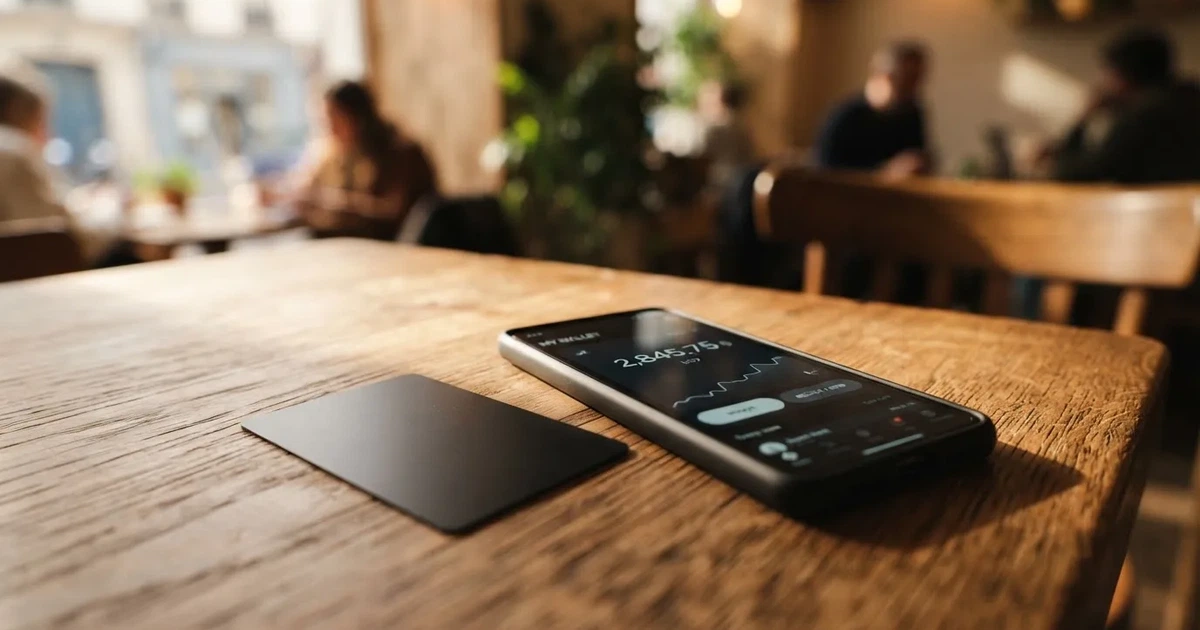 A payment card next to a phone with a crypto wallet app open