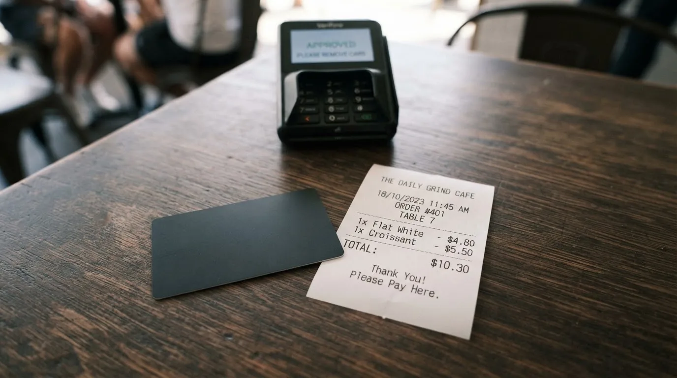 A receipt and a card on a café table