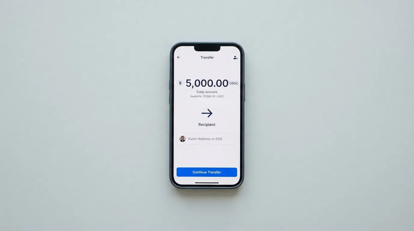 A phone showing a stablecoin transfer screen