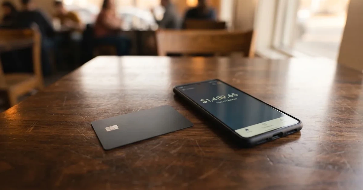 A payment card next to a phone with a crypto wallet app open