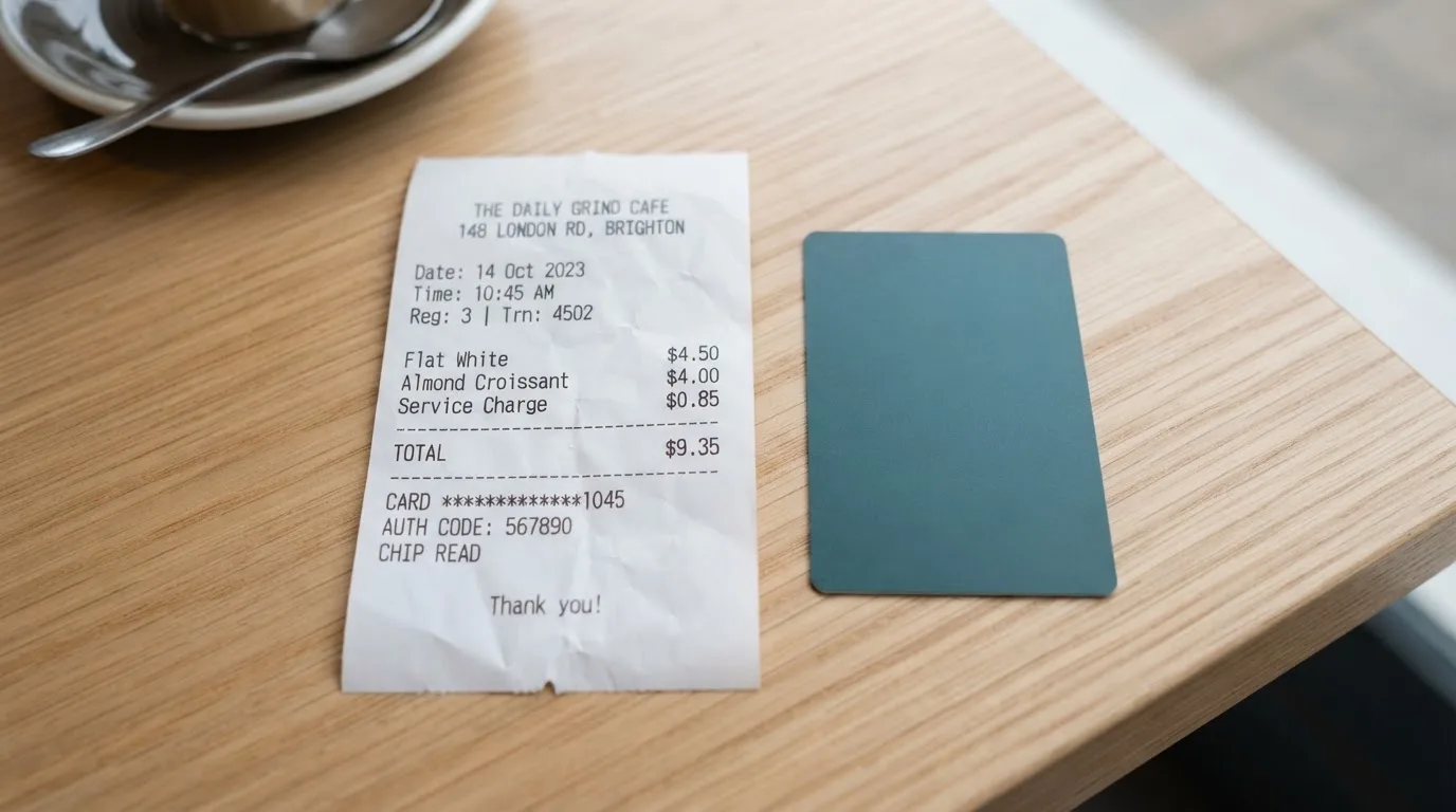 A receipt and a card on a café table