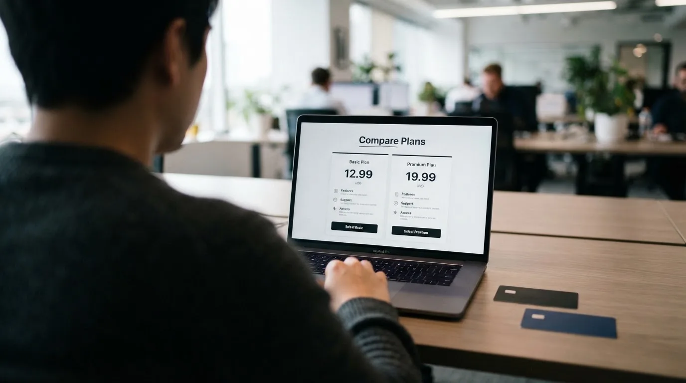 A person comparing two payment cards at a desk with a laptop