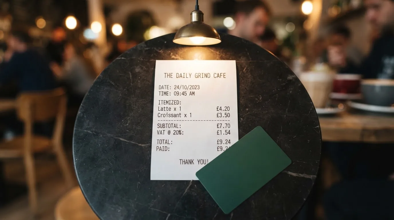 A receipt and a card on a café table