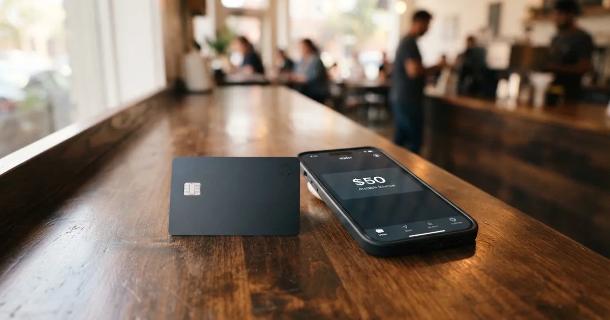 A payment card next to a phone with a crypto wallet app open