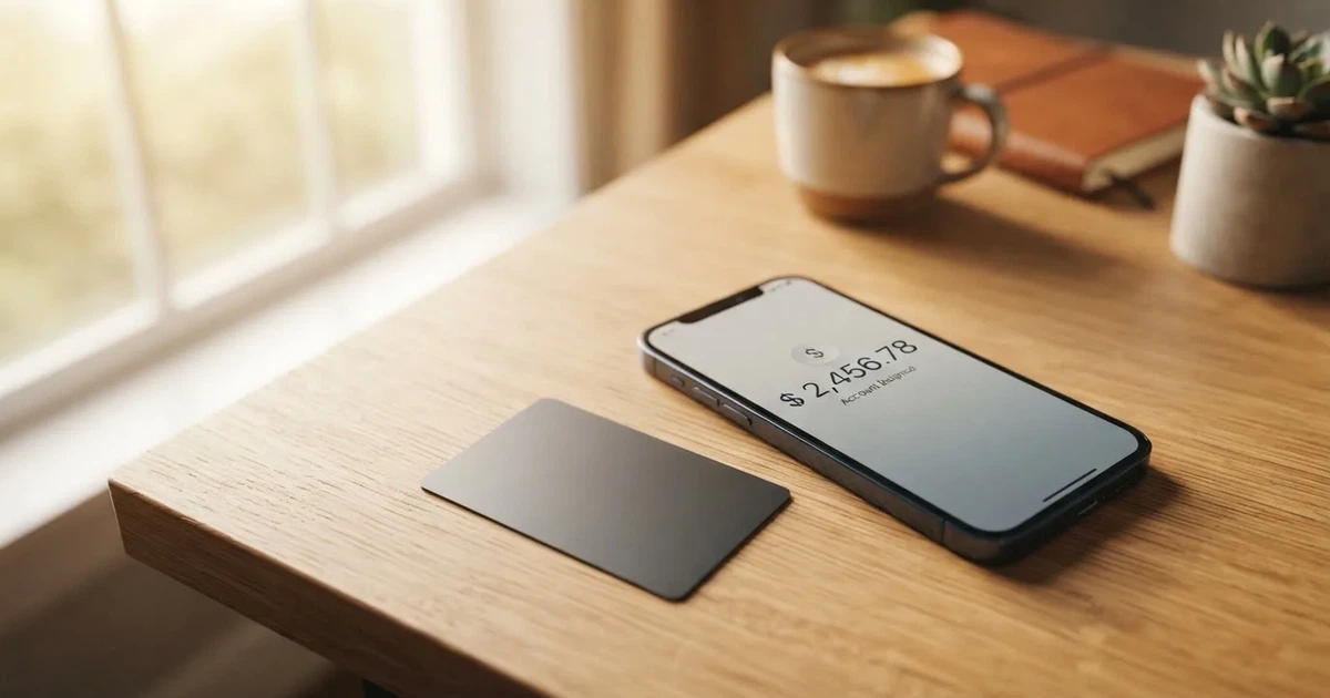 A payment card next to a phone with a crypto wallet app open