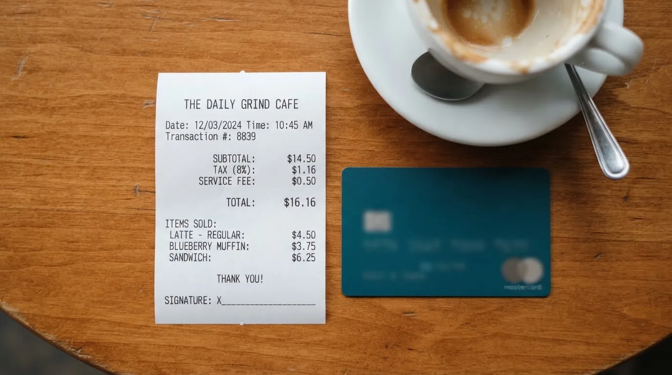 A receipt and a card on a café table
