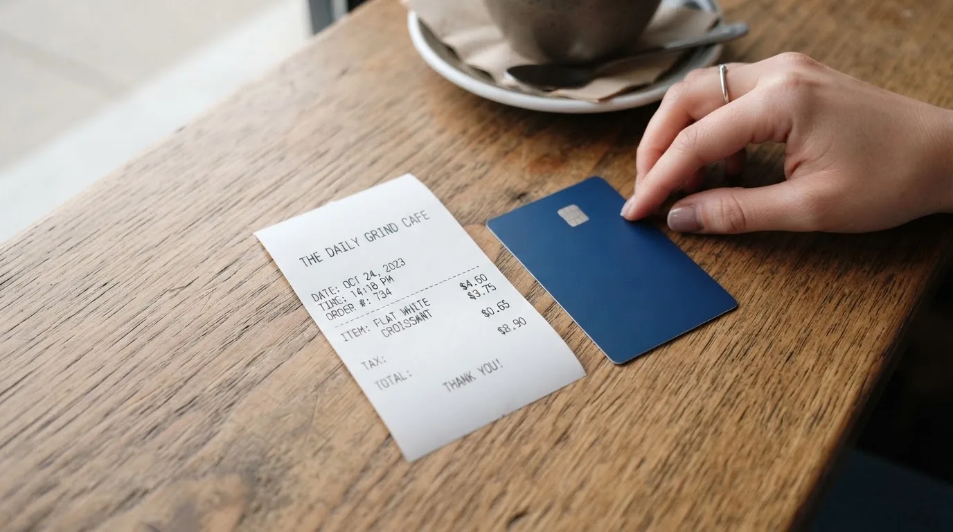A receipt and a card on a café table