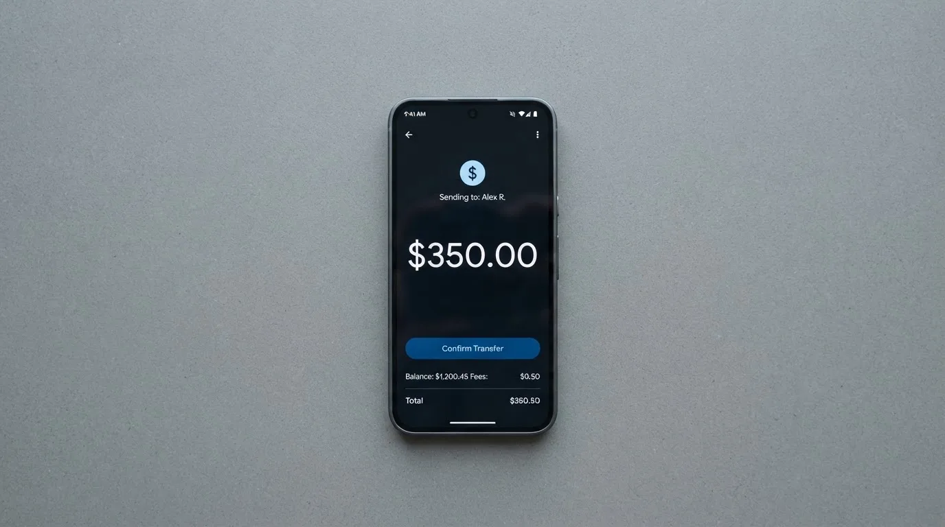 A phone showing a stablecoin transfer screen