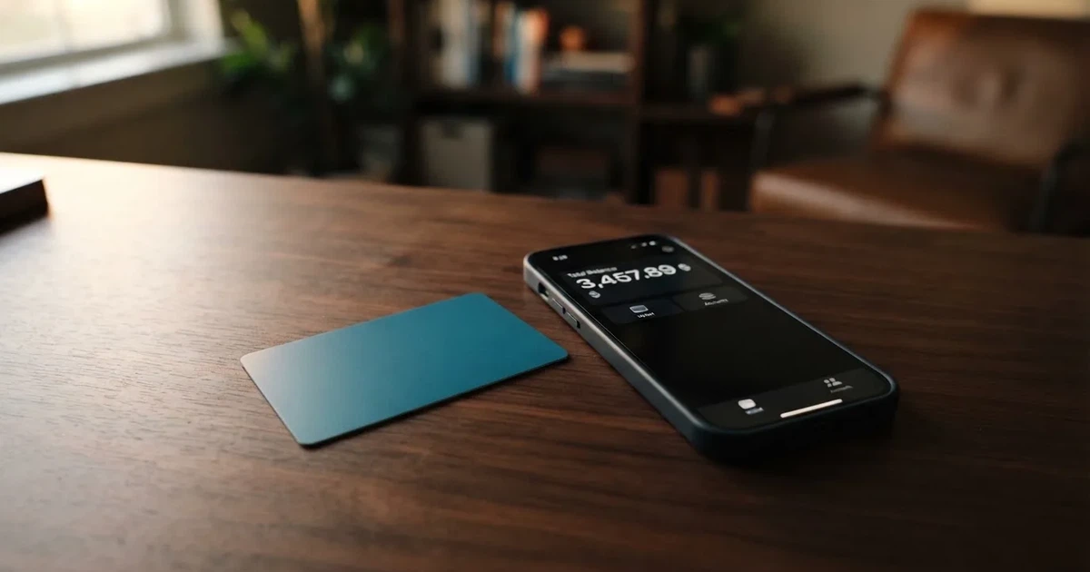 A payment card next to a phone with a crypto wallet app open