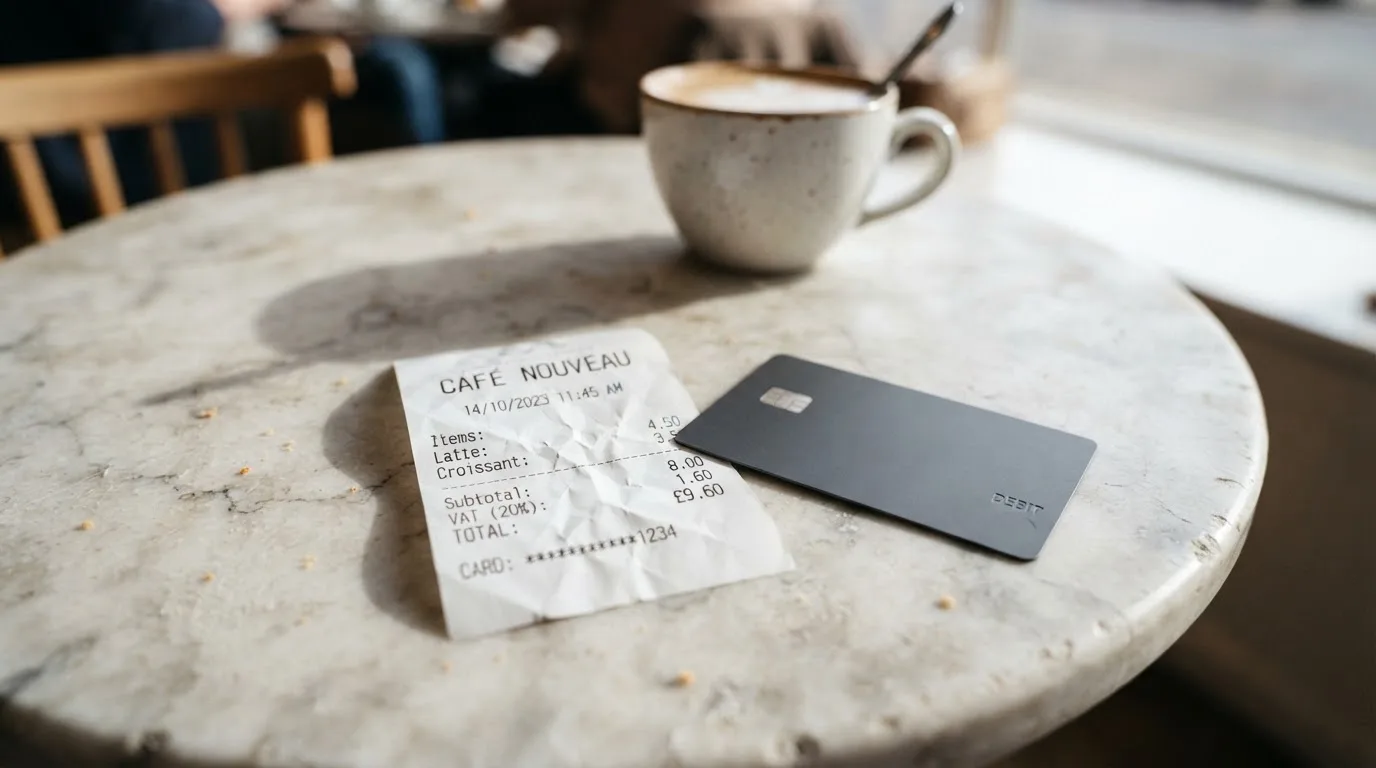 A receipt and a card on a café table