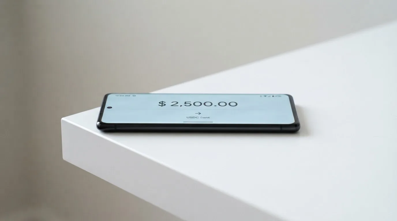 A phone showing a stablecoin transfer screen