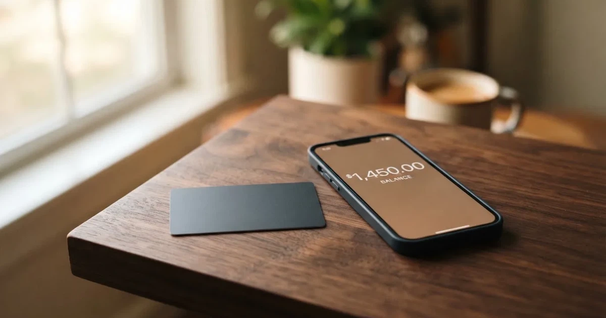 A payment card next to a phone with a crypto wallet app open