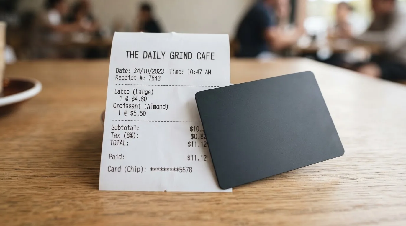 A receipt and a card on a café table