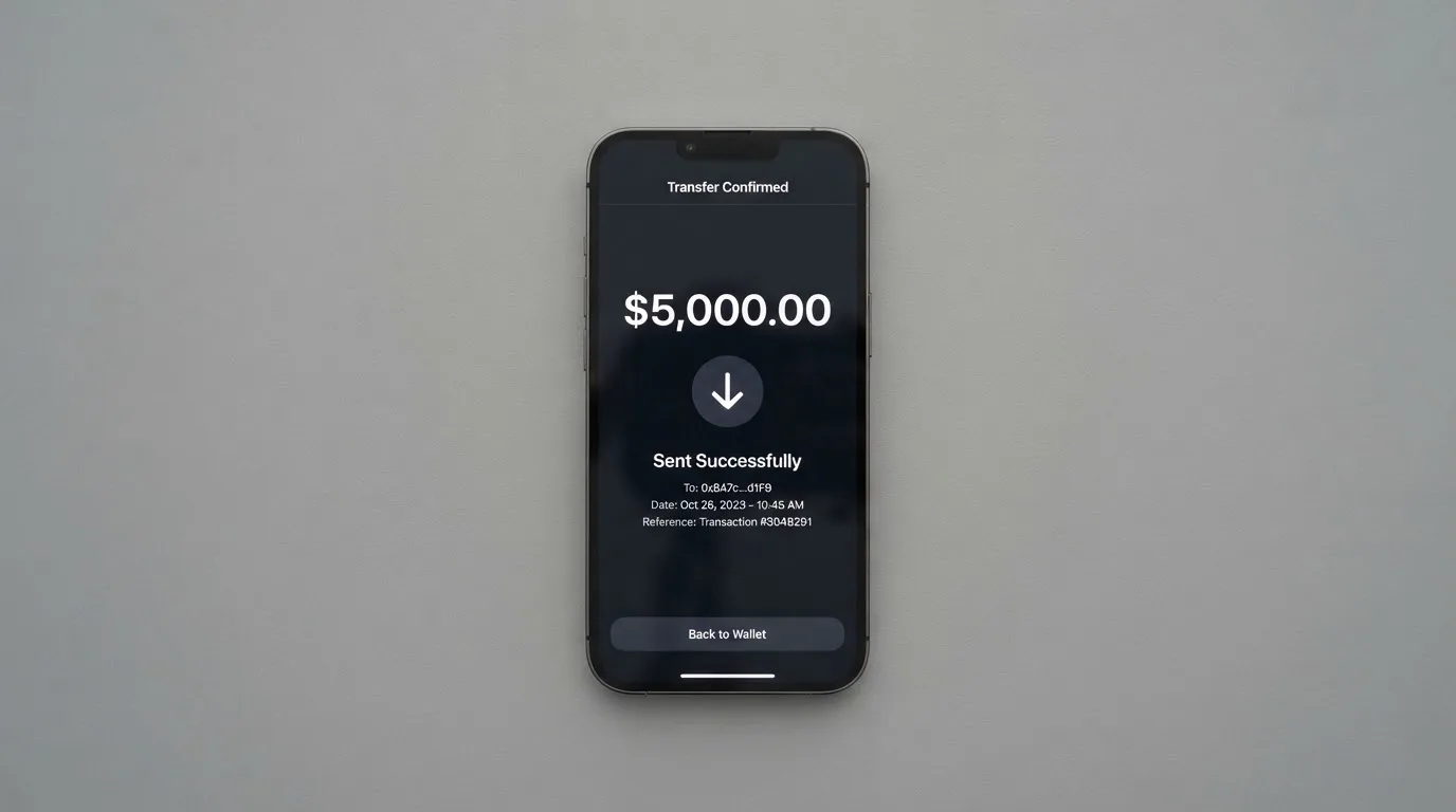 A phone showing a stablecoin transfer screen