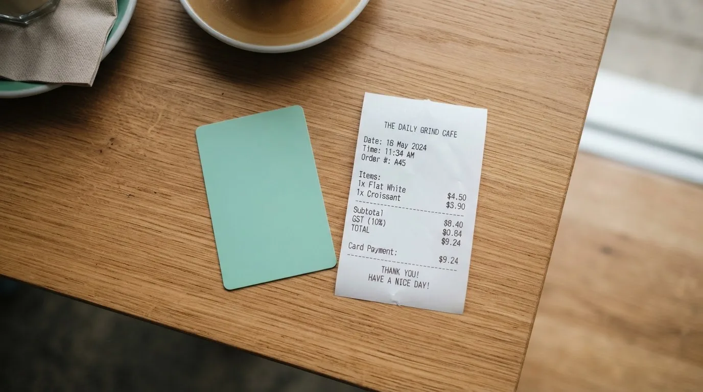 A receipt and a card on a café table