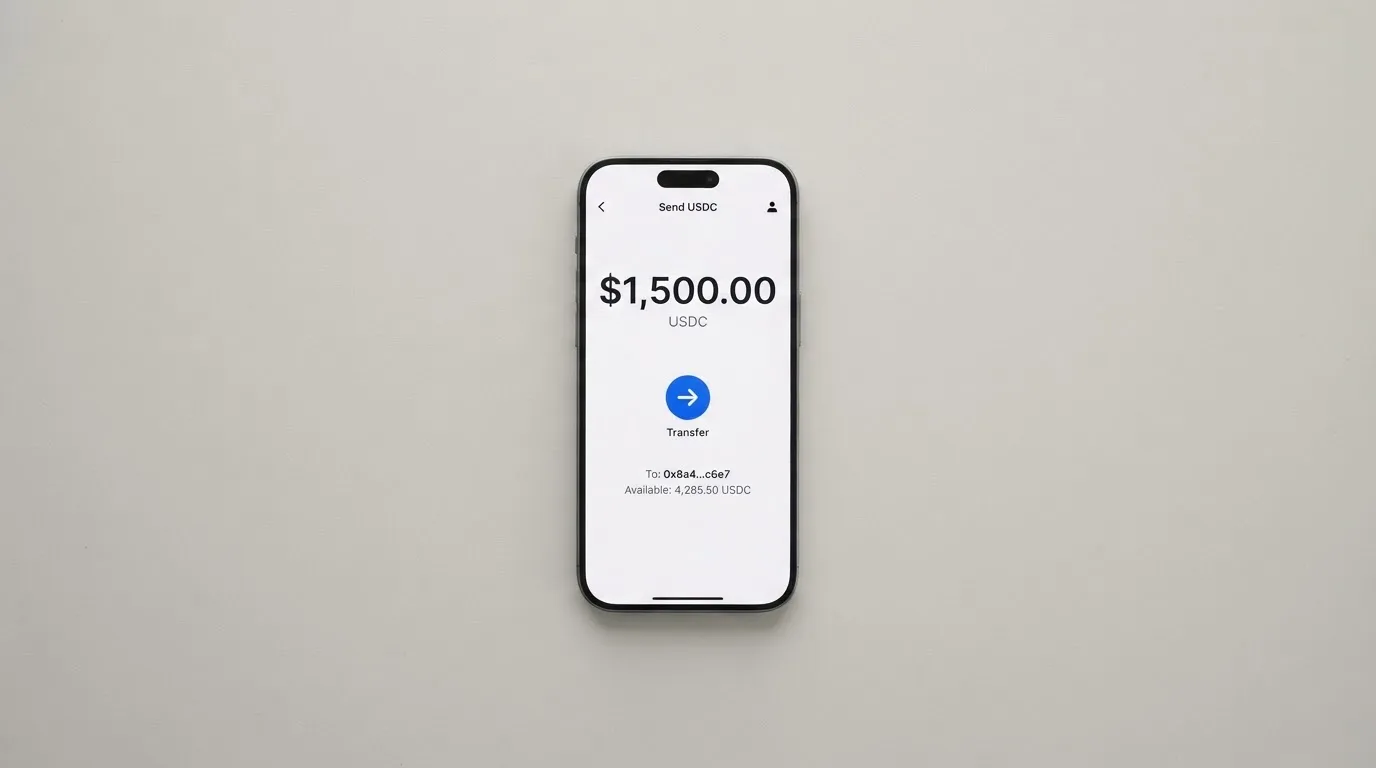 A phone showing a stablecoin transfer screen