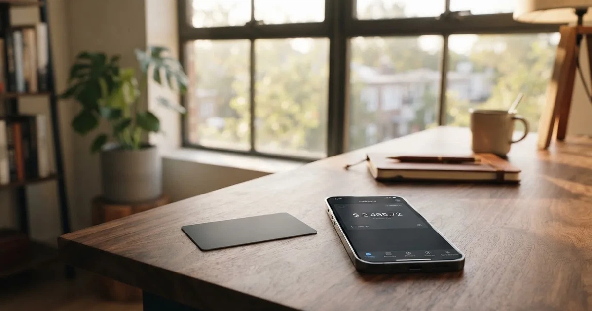 A payment card next to a phone with a crypto wallet app open