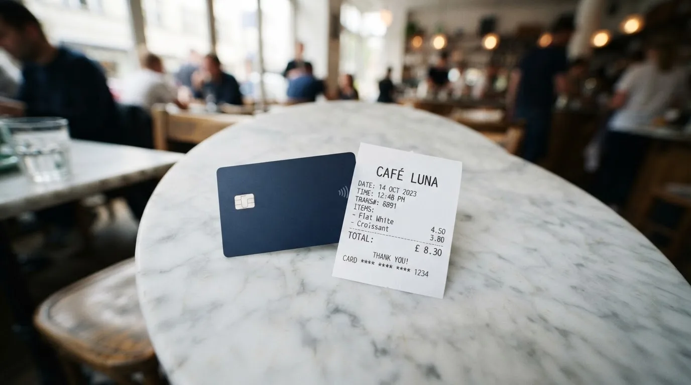 A receipt and a card on a café table