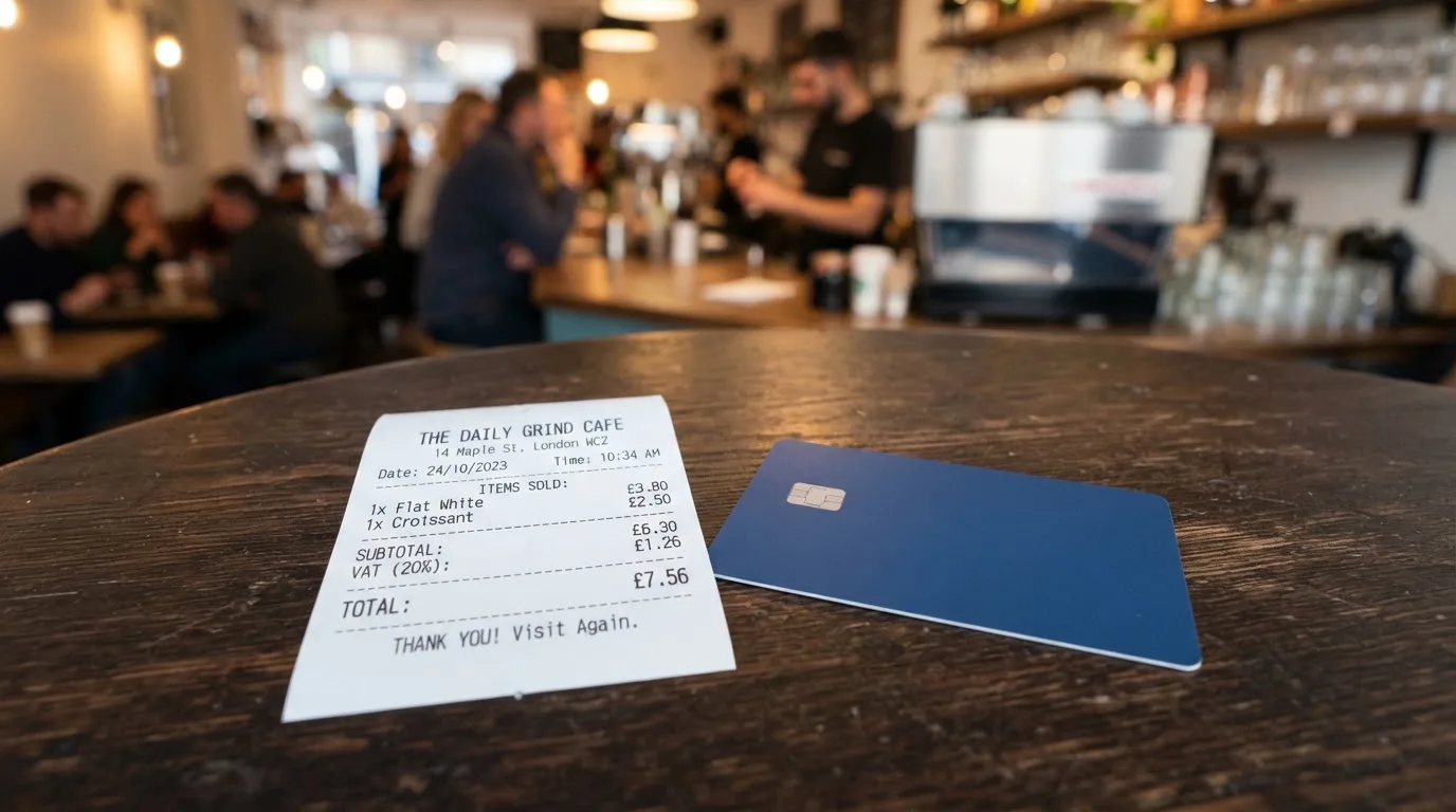 A receipt and a card on a café table