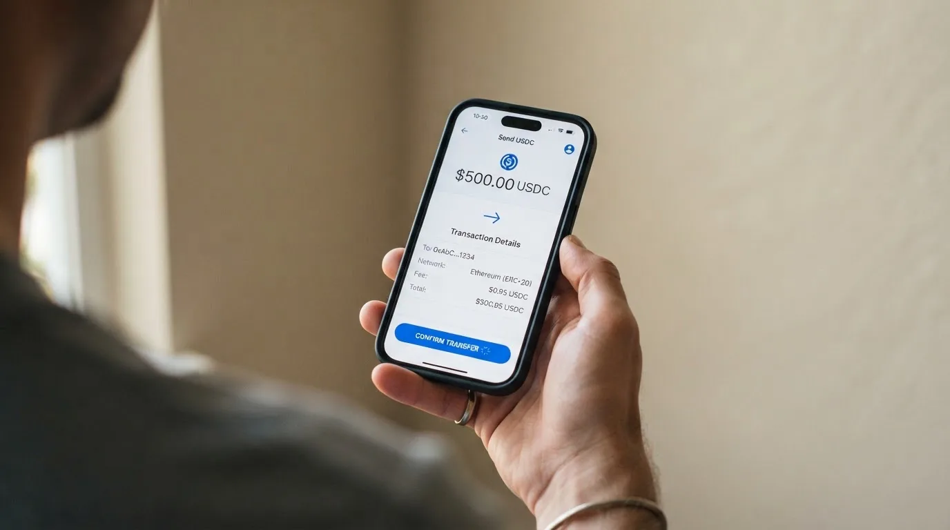 A phone showing a stablecoin transfer screen
