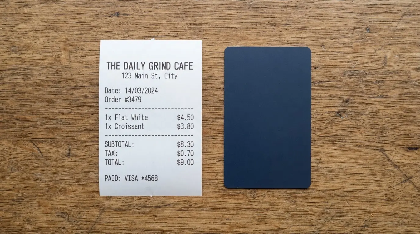 A receipt and a card on a café table