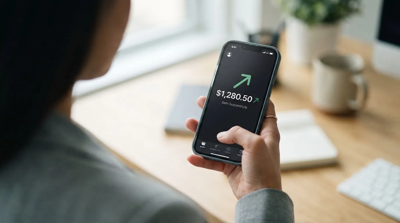 A phone showing a stablecoin transfer screen