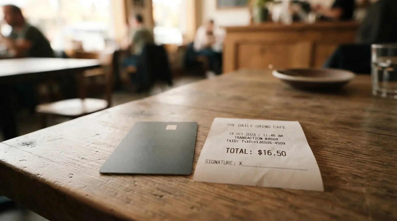 A receipt and a card on a café table
