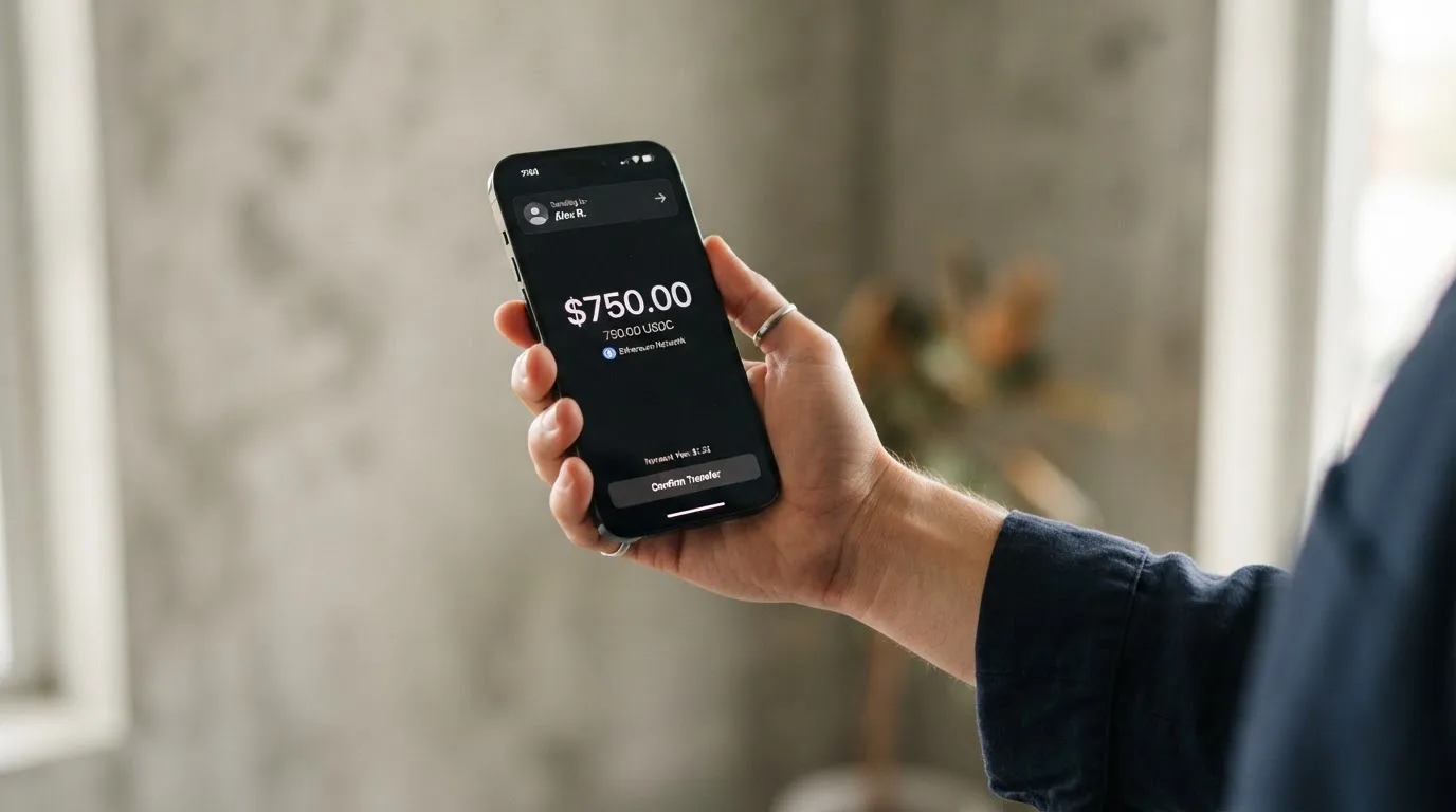 A phone showing a stablecoin transfer screen