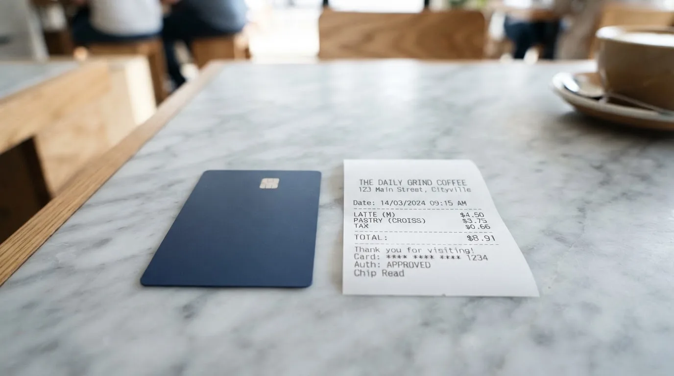 A receipt and a card on a café table