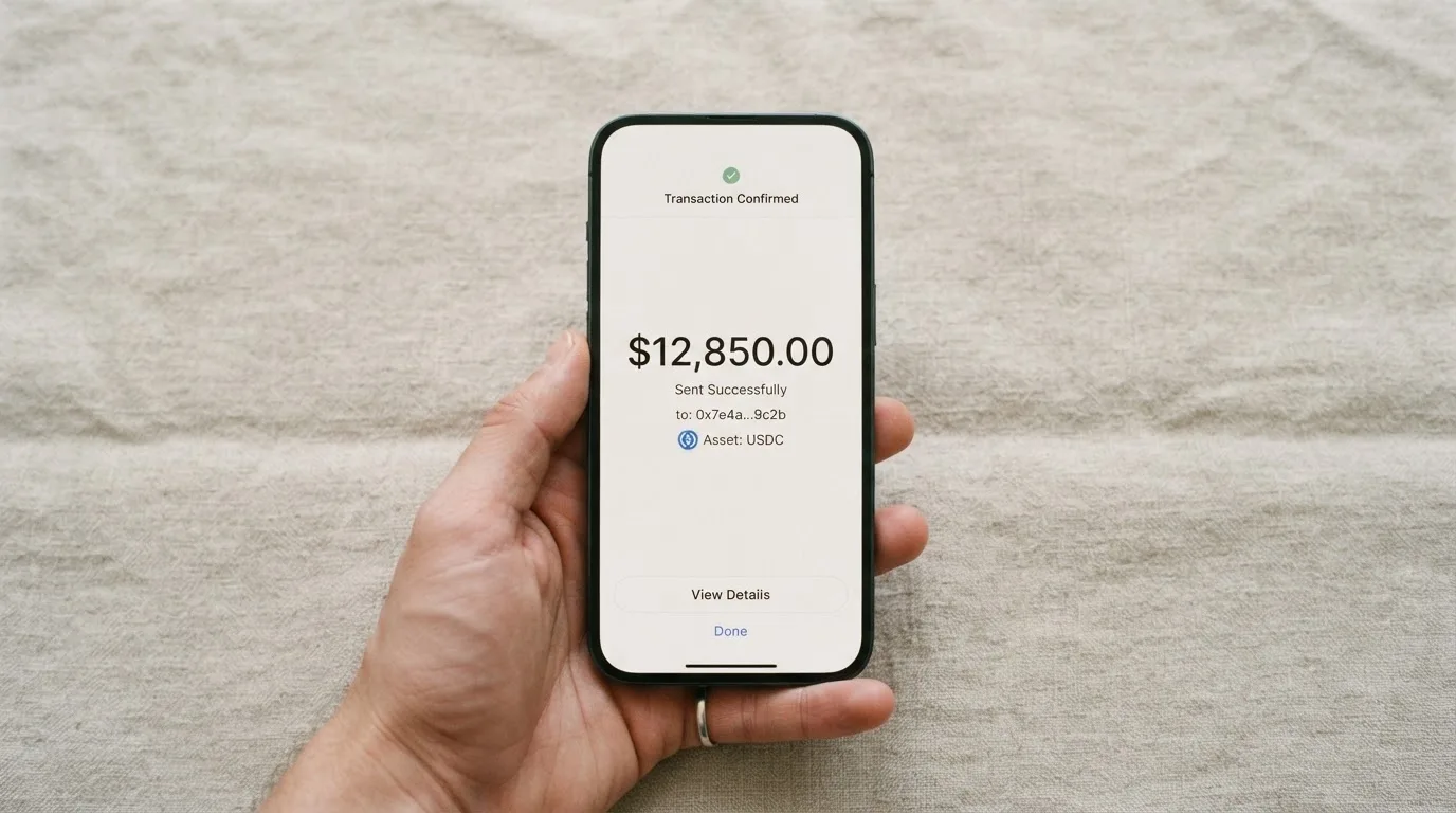A phone showing a stablecoin transfer screen