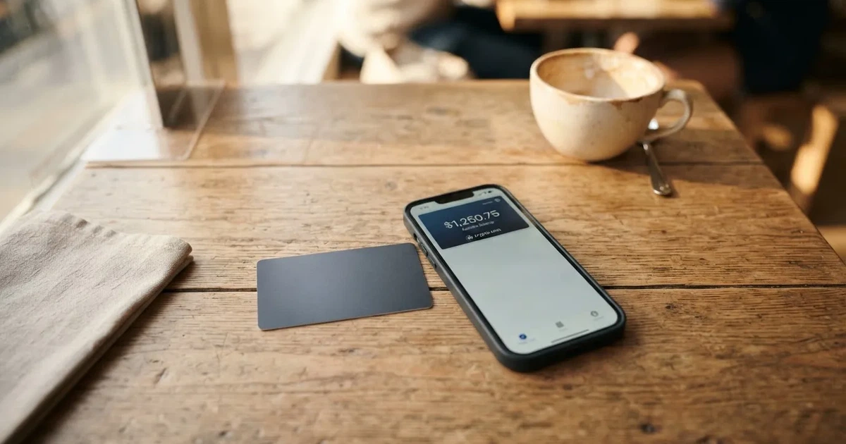 A payment card next to a phone with a crypto wallet app open