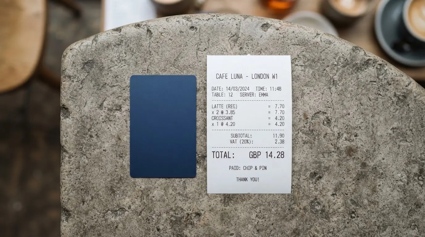 A receipt and a card on a café table