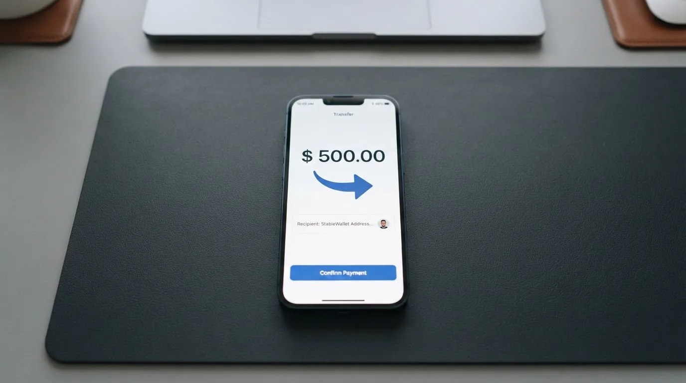 A phone showing a stablecoin transfer screen