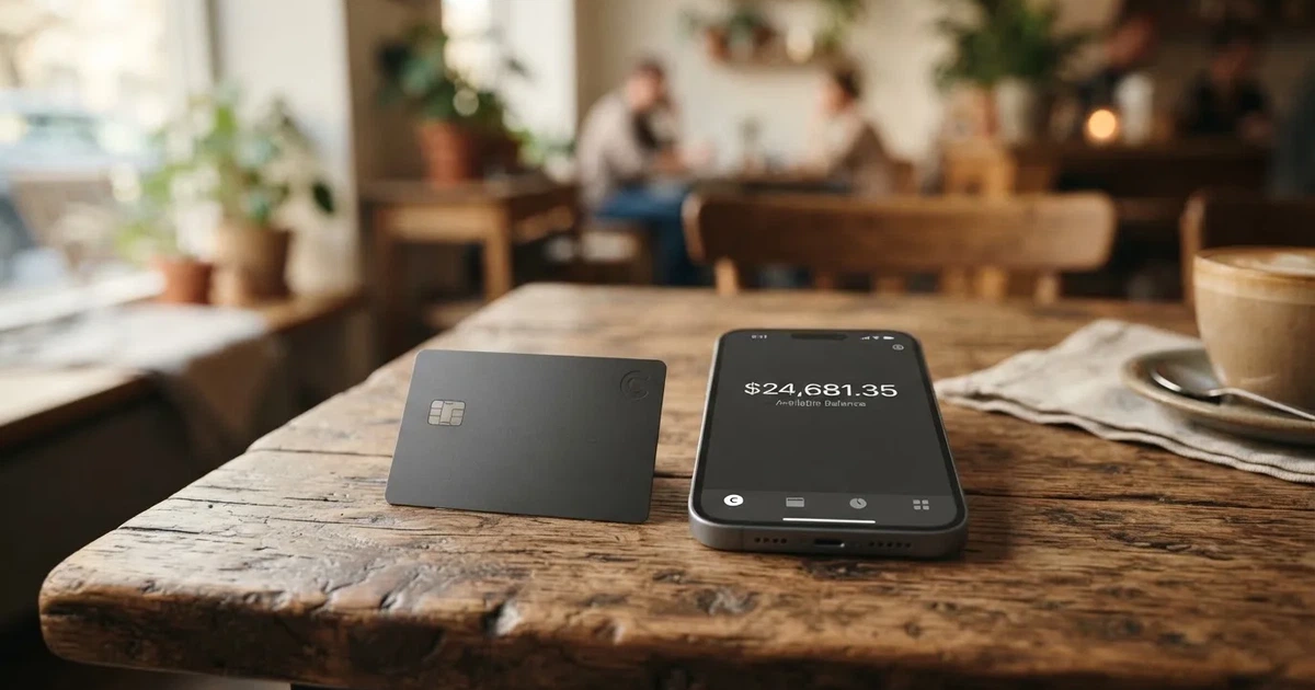 A payment card next to a phone with a crypto wallet app open