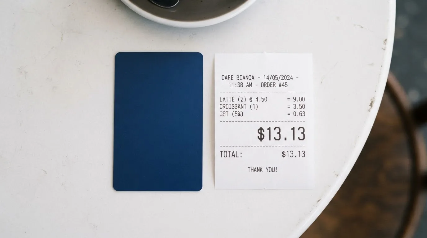 A receipt and a card on a café table