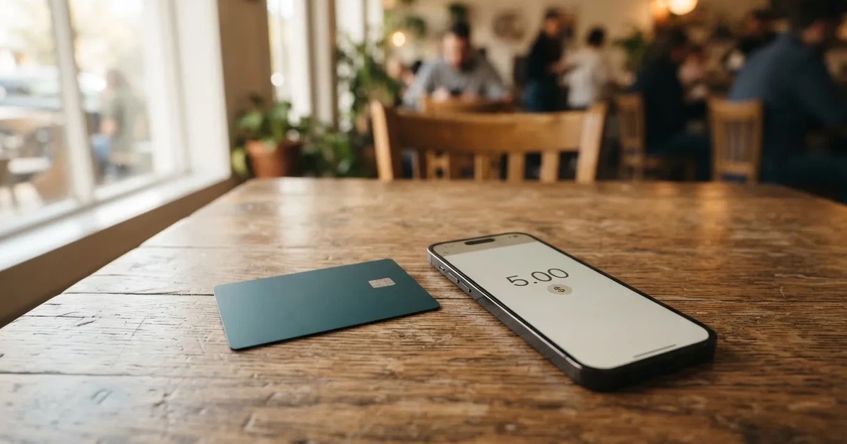 A payment card next to a phone with a crypto wallet app open