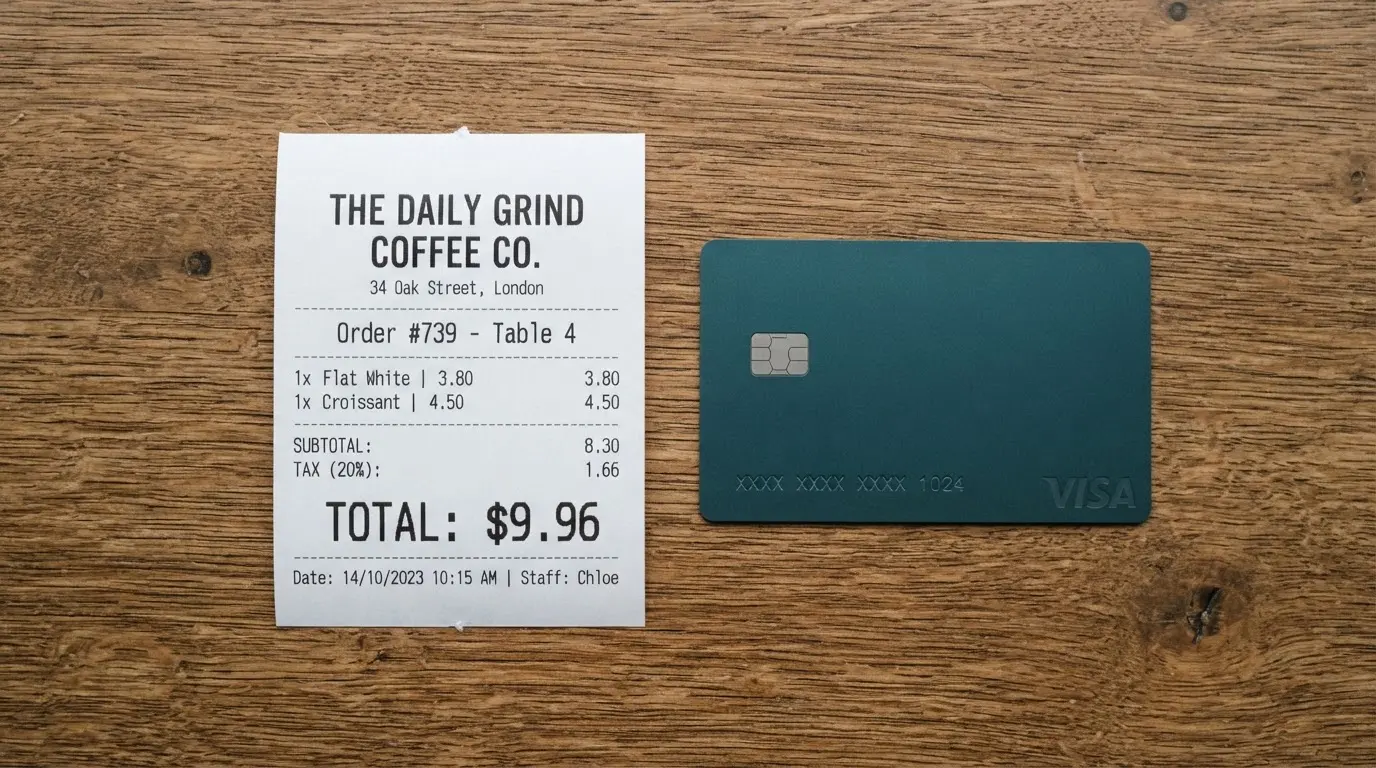 A receipt and a card on a café table