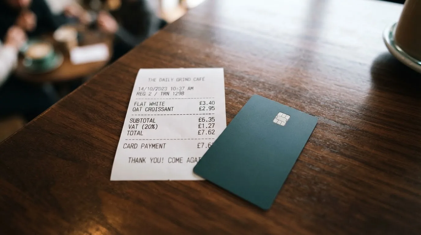 A receipt and a card on a café table